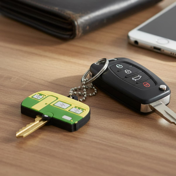 A set of keys with a green PVC key cover shaped like a car, alongside a standard car key and a phone on a wooden surface.