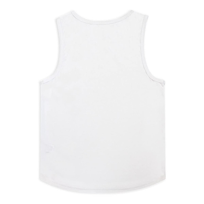 A white men's active tank top with a simple design and a branded logo on the back.