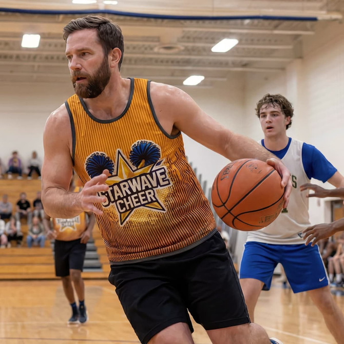 A man wearing a vibrant orange and yellow tank top dribbles a basketball on a gym court, with players in the background.