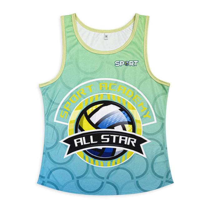 A women's active tank top in shades of green and blue, featuring a circular sport-themed design and a logo.