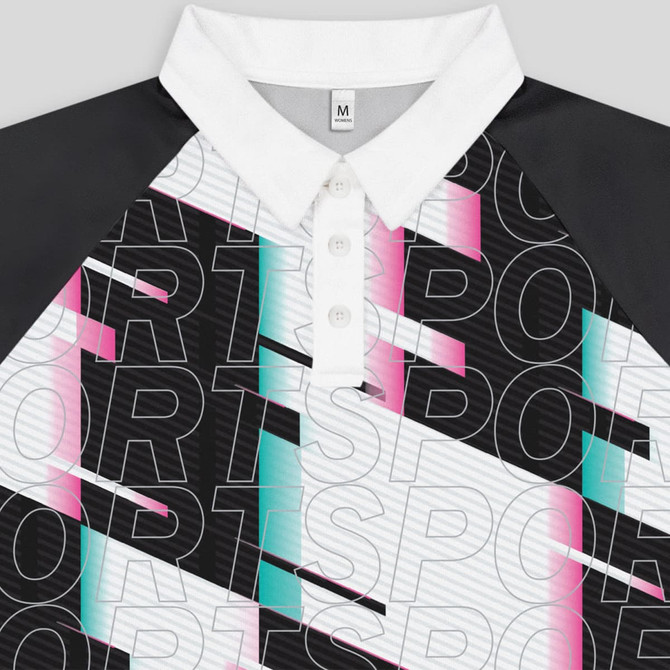 A custom women's active polo in black, white, and pink with a geometric design and a logo on the collar.