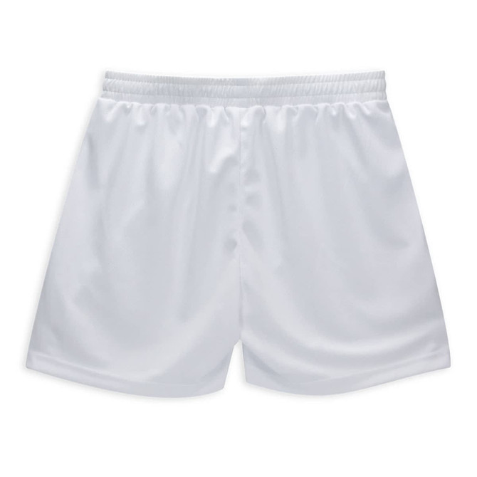 White active shorts with an elastic waistband and a smooth, lightweight fabric. The shorts have a logo on them.