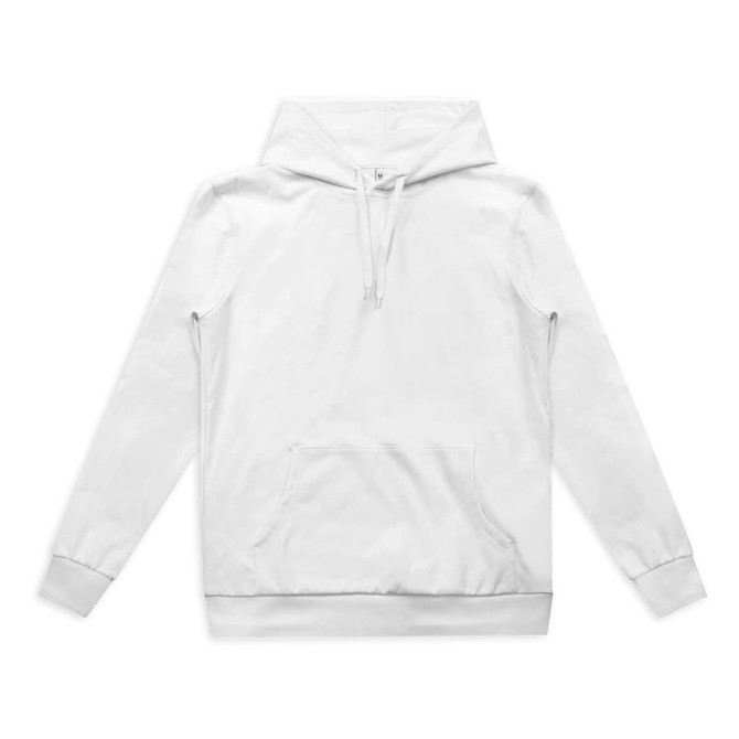A white active hoodie featuring a front pouch pocket and a logo on the label.