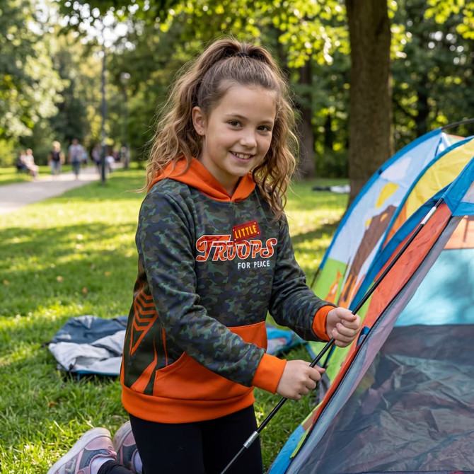 A girl in a camouflage and orange hoodie stands beside a tent in a park, smiling at the camera.