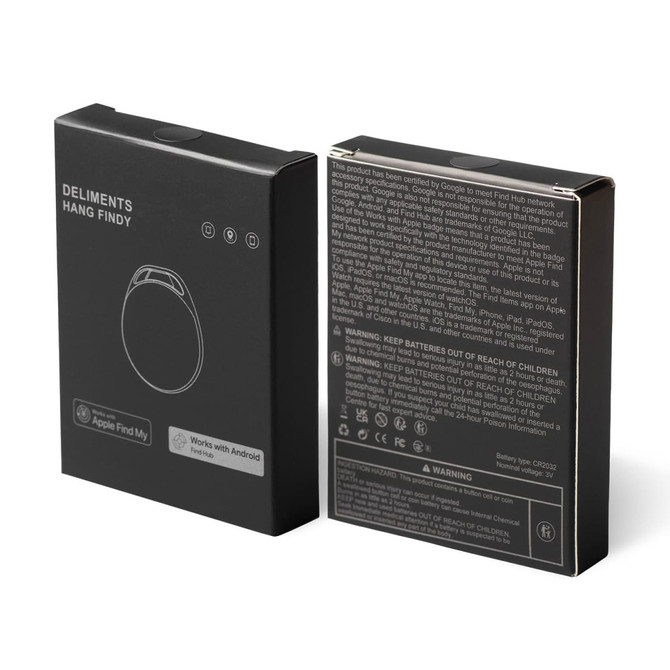 A black box containing the HangFindy Bluetooth Tracker, featuring a round shape and a logo on the front.