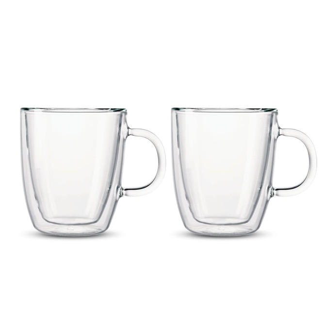 A set of two clear glass double wall mugs with handles. Each mug features a sleek, minimalist design.