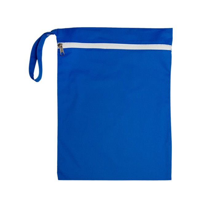 A blue drawstring bag with a zippered pocket at the top and a handle. It has a smooth texture.