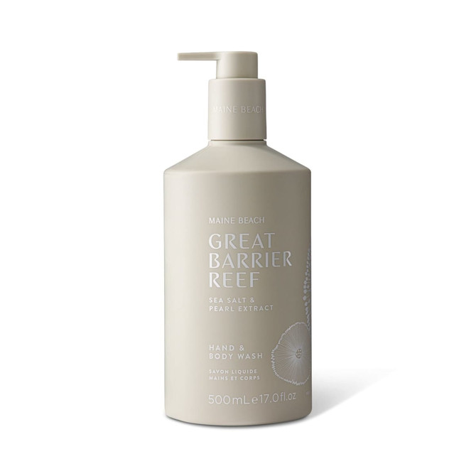 A hand and body wash in a beige pump bottle with a logo, featuring sea salt and pearl extract.