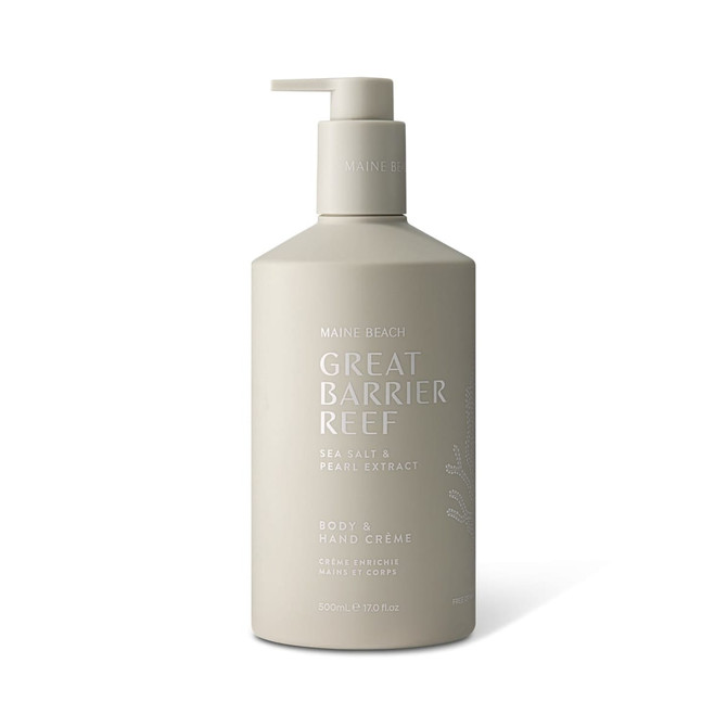 A cream bottle in a neutral beige shade with a pump dispenser, featuring a logo and "Great Barrier Reef" branding.