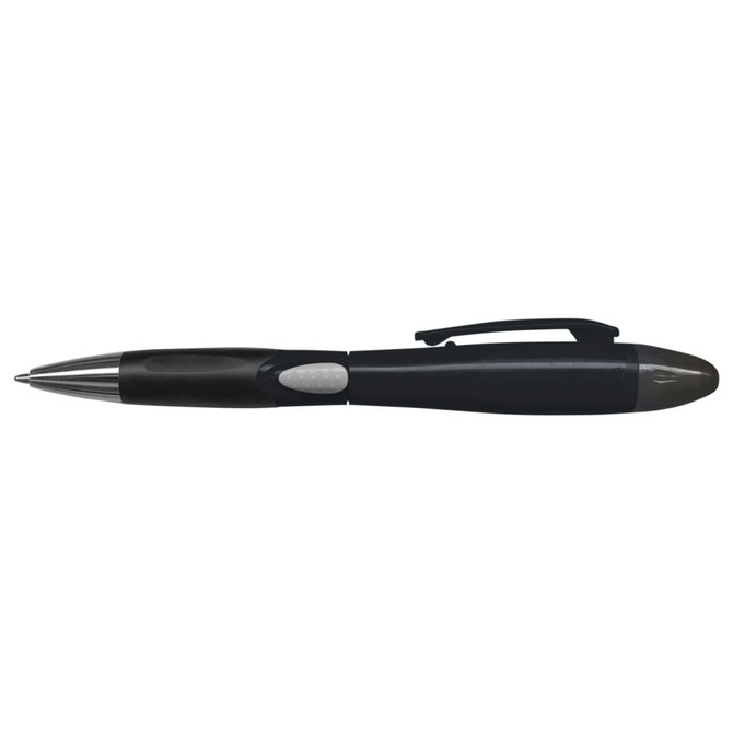A plastic pen in black with a silver accent and a clip, featuring a logo on the barrel.
