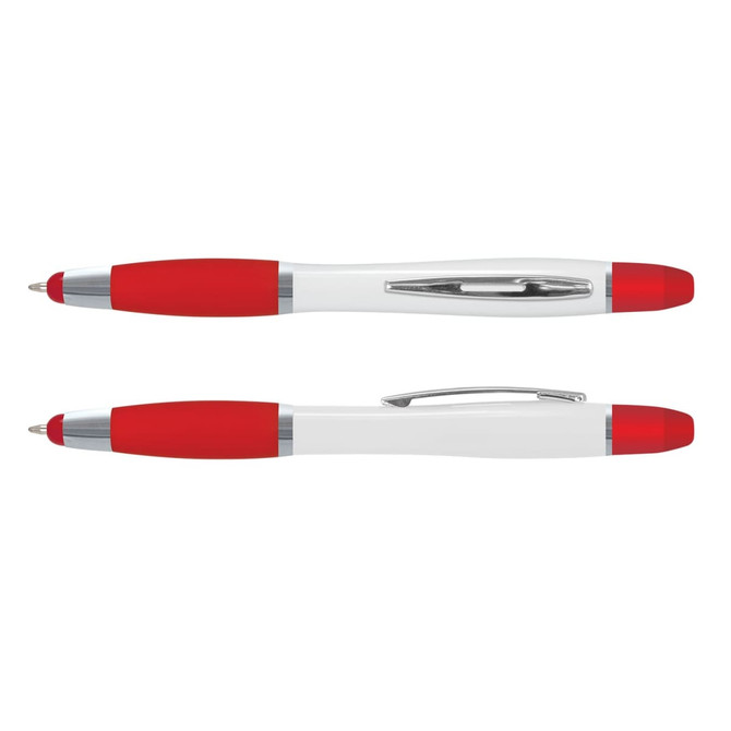 A multi-function pen featuring a white body with red rubber grip sections and silver accents. It includes a logo.