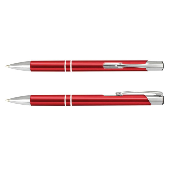 A metal pen in vibrant red with silver accents, featuring a modern design and a clip. It has a logo present.