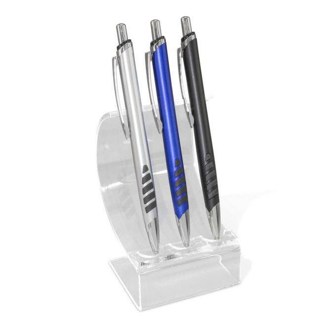 A display stand with three pens: silver, blue, and black, set against a clear acrylic holder.