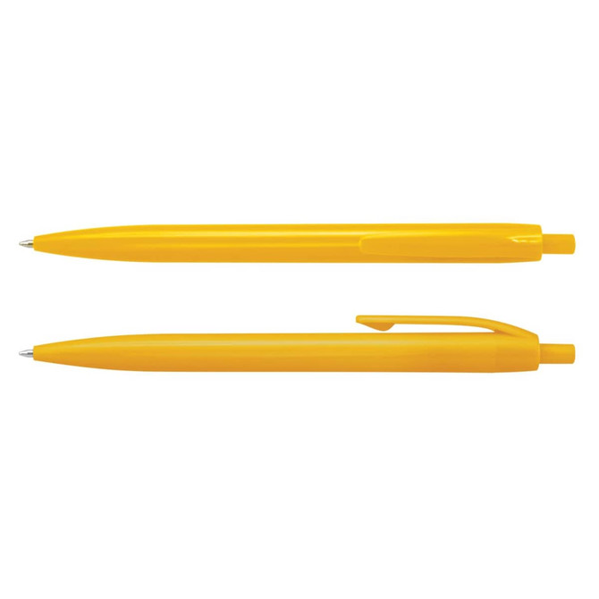 A set of bright yellow plastic pens with clip and smooth barrel design. Features a logo.