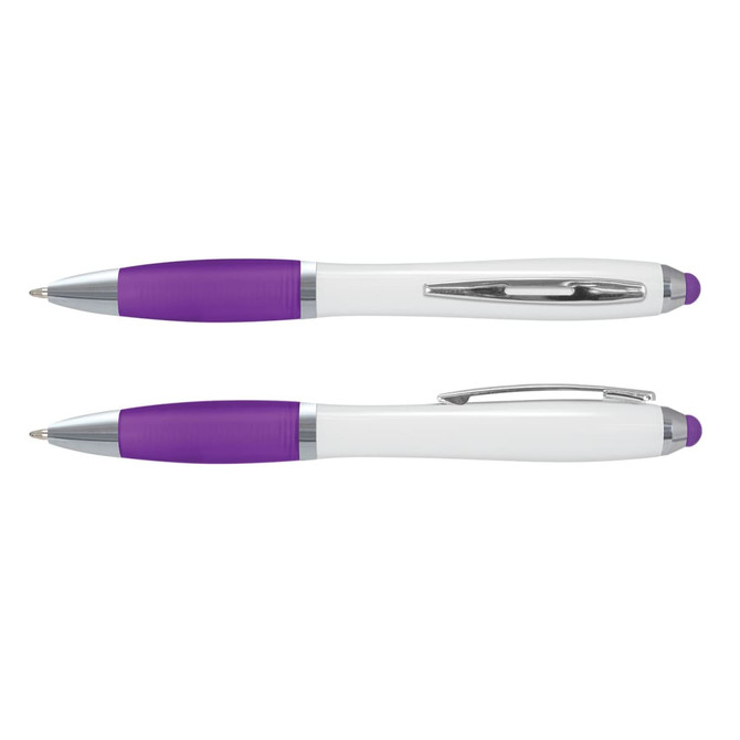 A stylus pen with a white barrel and purple accents, featuring a shiny silver clip and tip.