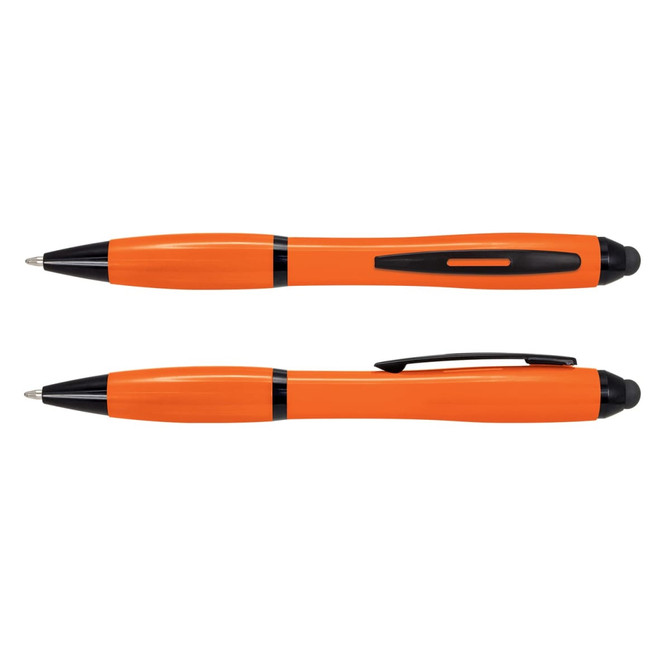 An orange stylus pen with a black grip and accents, featuring both a writing tip and a stylus end.