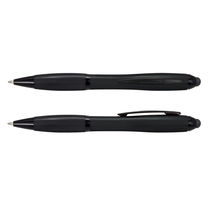 A black stylus pen with a sleek design, featuring a clip and a black rubber tip for touchscreen use.