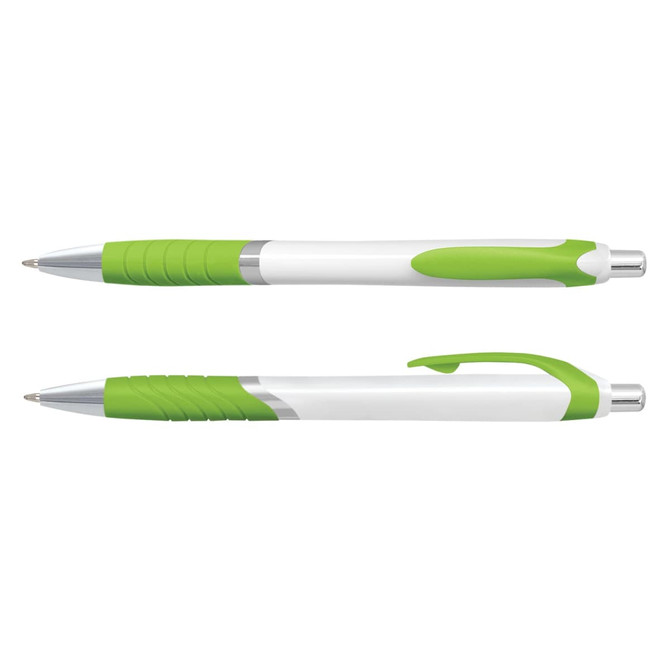 Two plastic pens featuring a white barrel with green accents and silver detailing. One pen has a grip section.