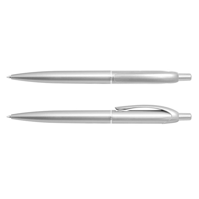 A set of silver plastic pens with a sleek design and a clip for easy carrying. Features a logo.