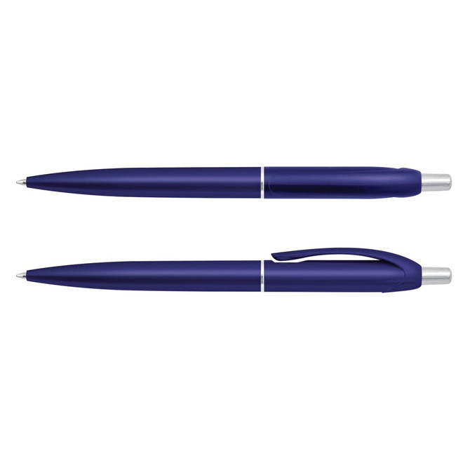 A blue plastic pen set with a sleek design, featuring a silver clip and detailing. The image includes a branding logo.