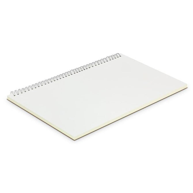 A large spiral-bound notebook with a plain white cover and blank pages, featuring a simple design.