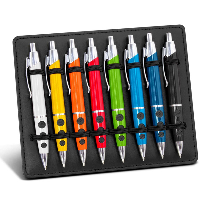 A display stand featuring eight brightly coloured pens in yellow, orange, red, green, blue, black, white, and silver.