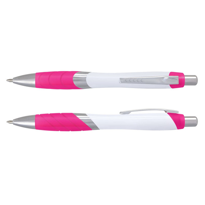 A pen with a white barrel and bright pink rubber grip, featuring silver accents and a clip.