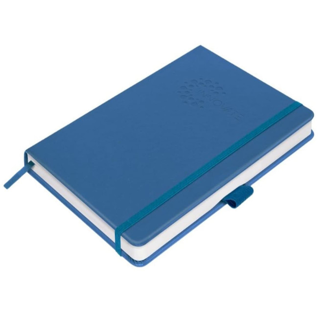 A blue debossed notebook with a matching elastic band closure and a logo on the cover.