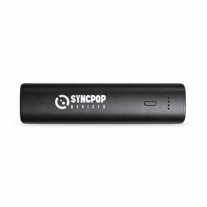 A black portable charger with a logo and a power indicator light. The design is sleek and rectangular.