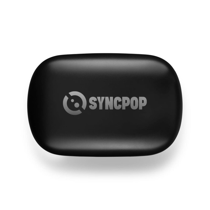 A black portable charging case with a logo and a smooth, rounded design.