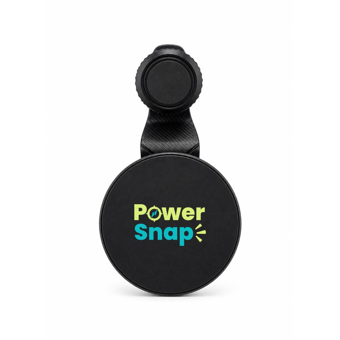 A black car phone holder with a round design and a branding logo in blue and green text.
