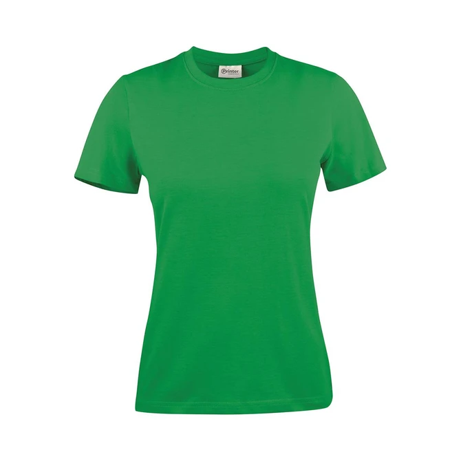 A green women's t-shirt with a classic crew neck and short sleeves, featuring a logo on the label.