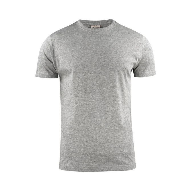 A grey men's t-shirt with a classic crew neckline and short sleeves, featuring a branding logo.