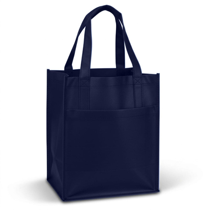 A navy blue pocket shopping bag with sturdy handles and a front pocket, featuring a logo.