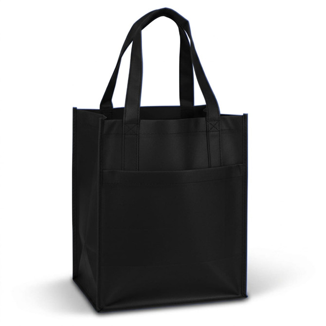 A black shopping bag with two handles and a front pocket. The bag has a simple design and a sturdy appearance.