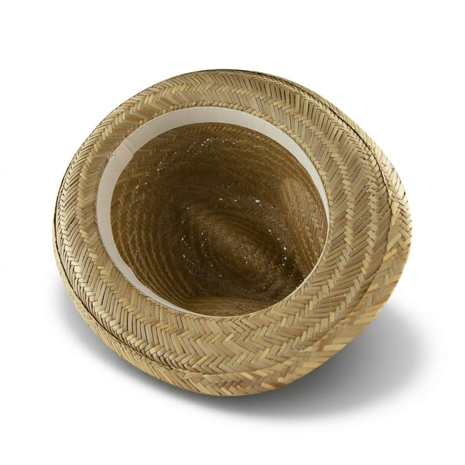 A Panama straw hat crafted from light brown straw, featuring a wide brim and a textured woven design.