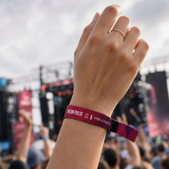 A hand wearing a vibrant pink and purple wristband, with a blurred concert crowd in the background and a stage visible.