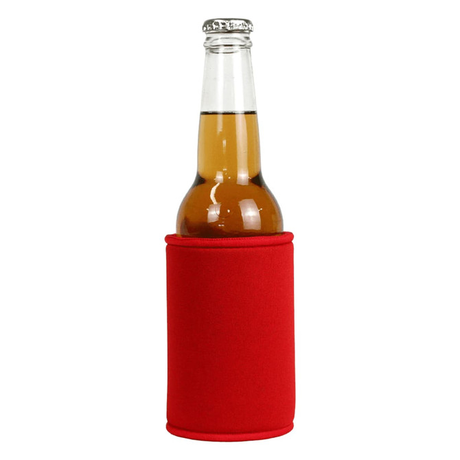 A drink bottle nestled in a bright red stubby holder, featuring a logo on the front.