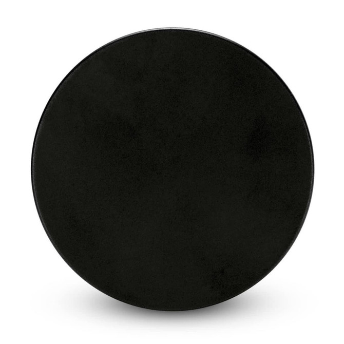 A black circular badge with a smooth surface and a magnetic backing. It features a logo on one side.