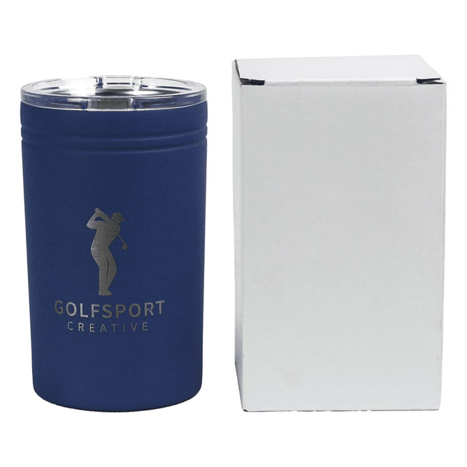 A navy drink bottle with a clear lid beside a plain white box. The bottle features a logo.