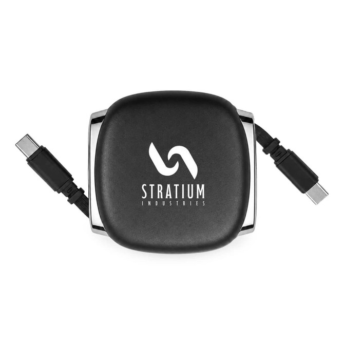 A black retractable cable with dual connectors and a logo on the surface. It has a compact design for easy storage.
