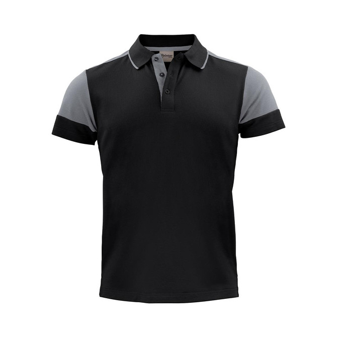 A black and grey polo shirt featuring a collar, short sleeves, and a logo on the chest.