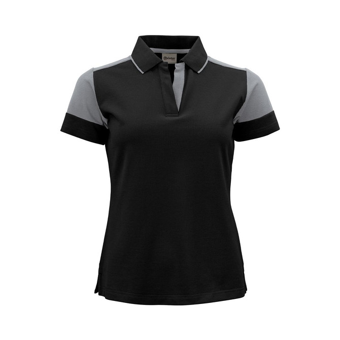 A women's black and grey polo shirt with short sleeves and a collar, featuring a logo.