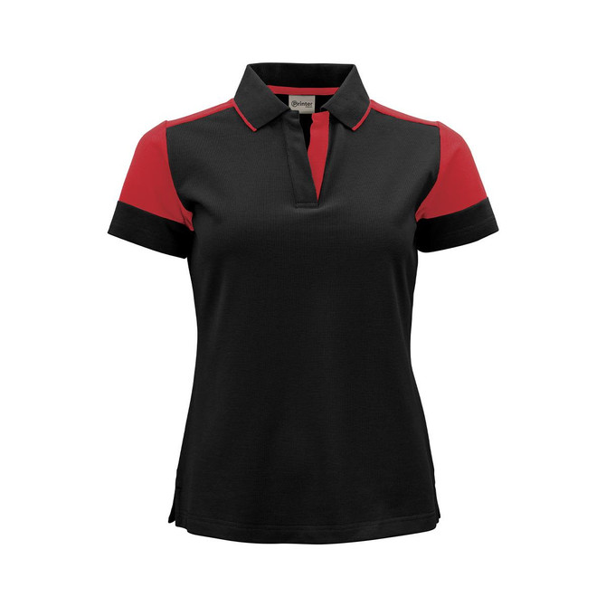 A women's polo shirt featuring a black body with red sleeves and a collar, designed with a logo.