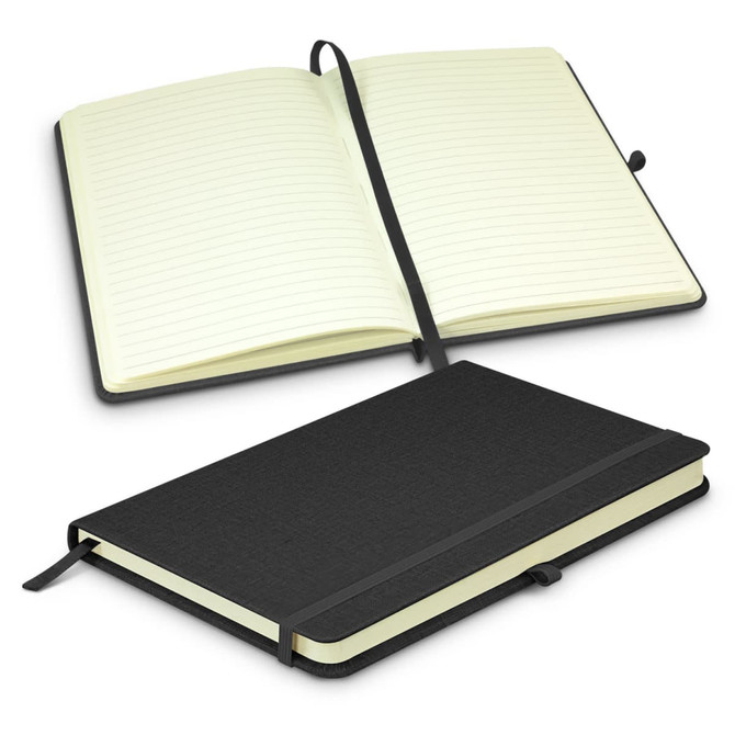 A black notebook with a textured cover, featuring lined pages and an elastic closure, opened to reveal its interior.