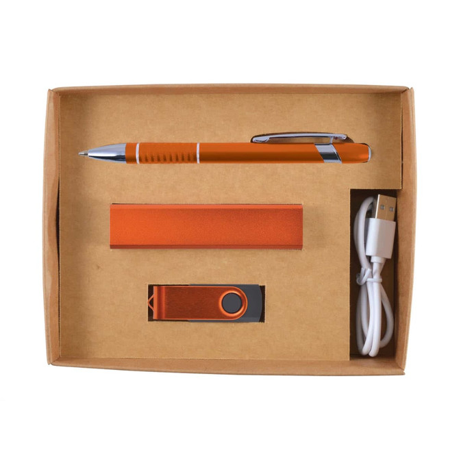 An orange pen, USB flash drive, and charging cable are neatly arranged in a brown cardboard gift box.