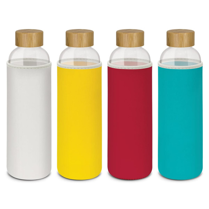 A drink bottle set with glass containers and coloured neoprene sleeves in white, yellow, red, and teal, each with a bamboo lid.