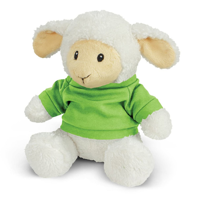 A fluffy white lamb plush toy wearing a green sweater. It has soft ears and a friendly expression.