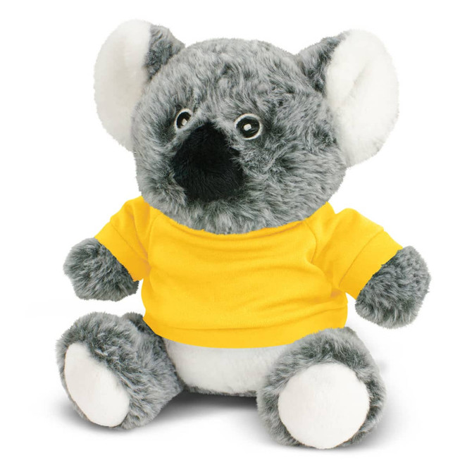 A grey koala plush toy wearing a yellow t-shirt, featuring a soft texture and round facial features.