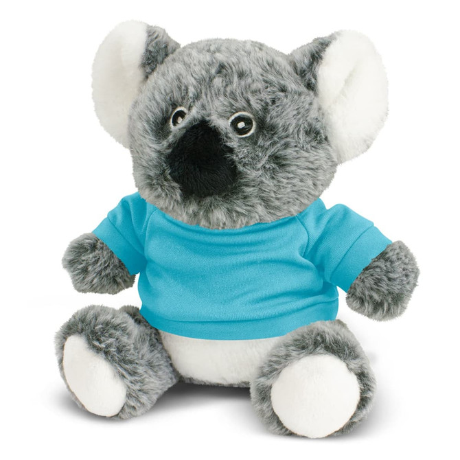 A grey plush koala toy wearing a blue shirt, featuring soft fur and a round face with big eyes.